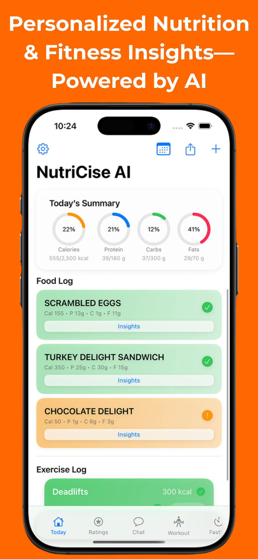 NutriCise AI Today tab with calorie and macro rings and a food log