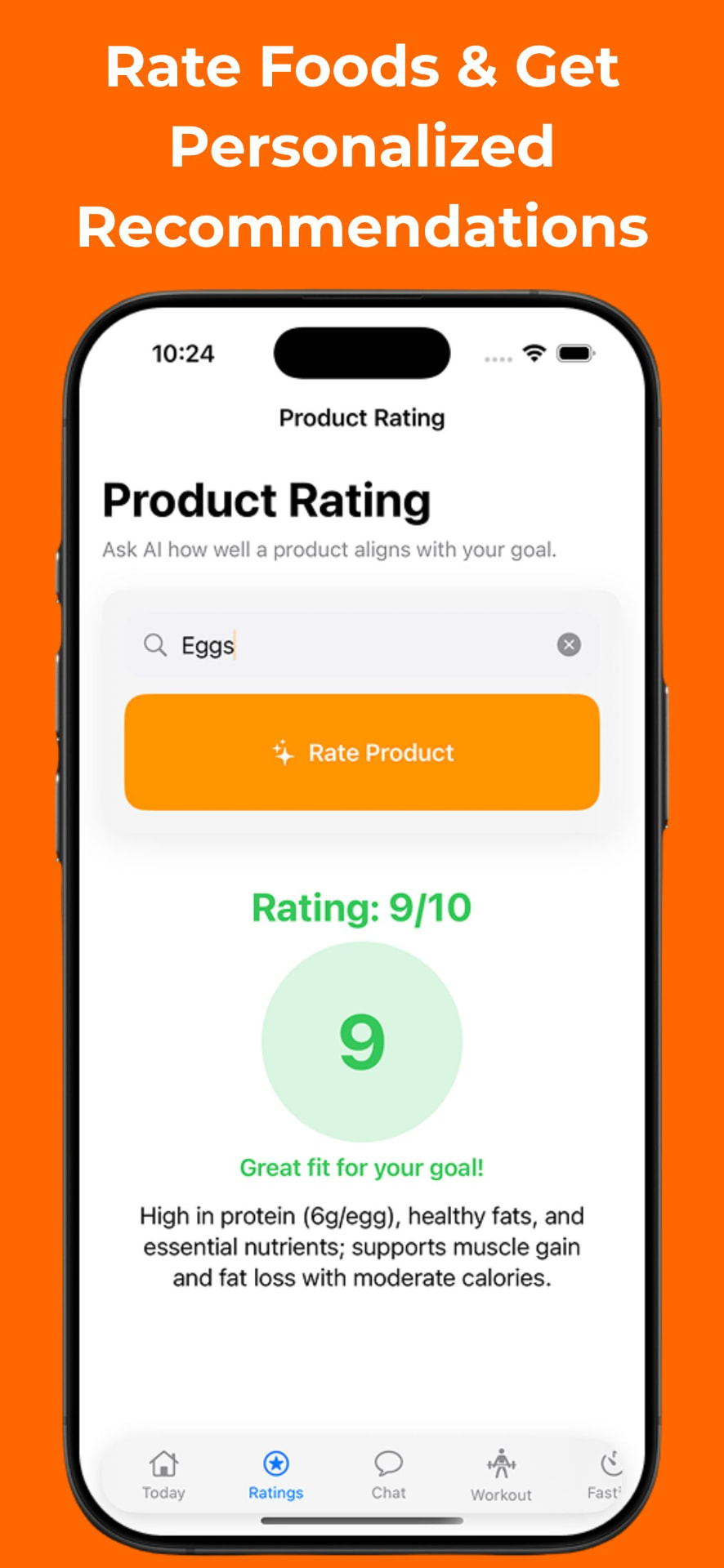 NutriCise AI product rating screen scoring eggs 9 out of 10