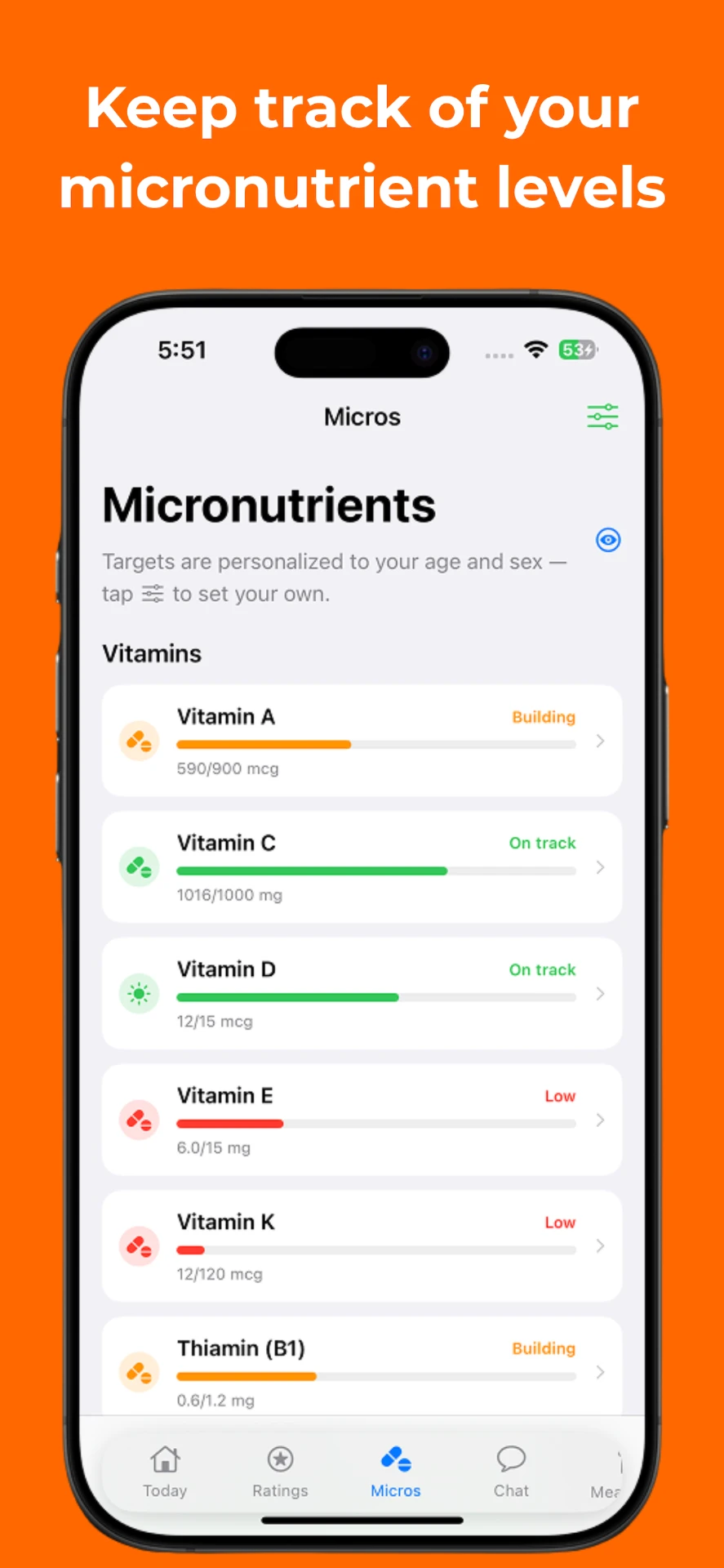 NutriCise AI micronutrient tracking with vitamin progress bars
