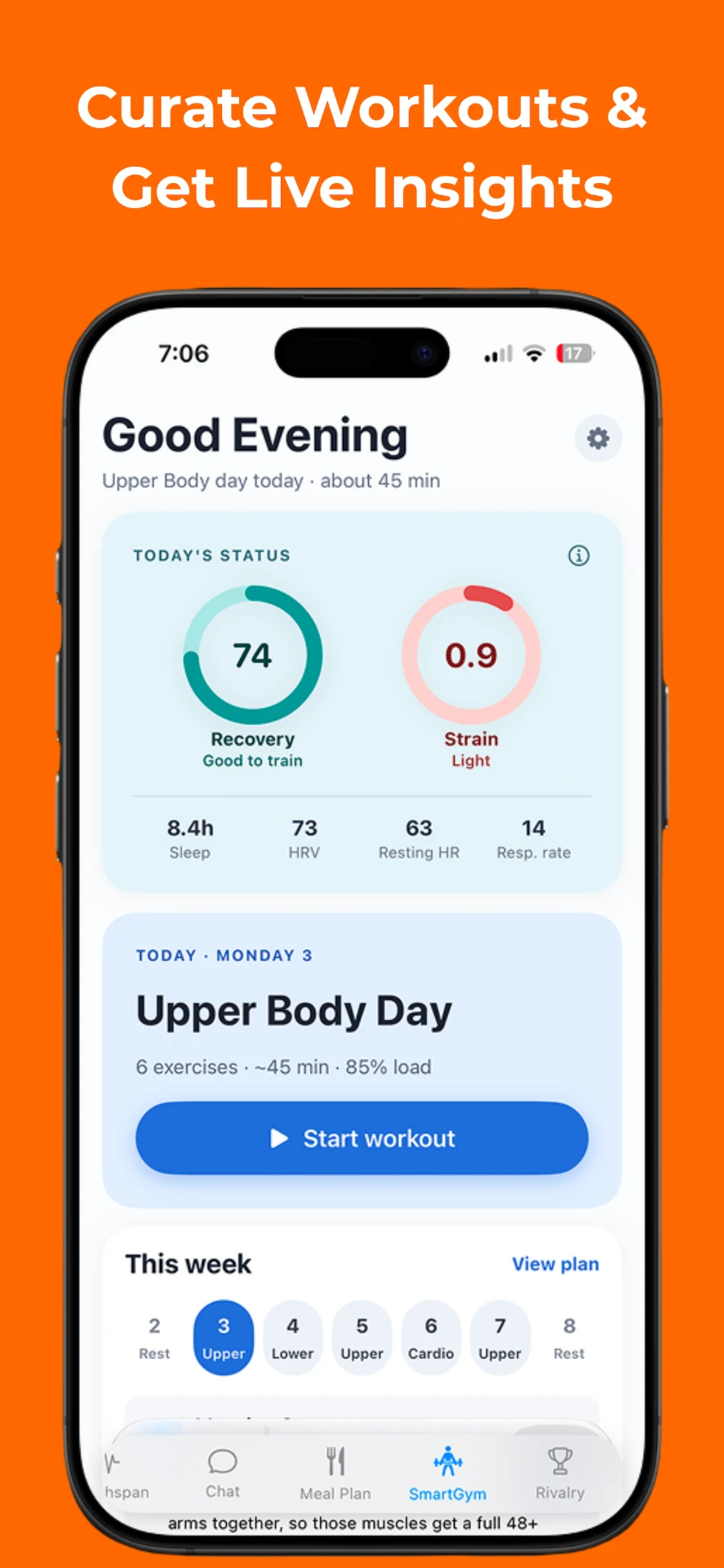NutriCise AI SmartGym screen with recovery score and daily workout