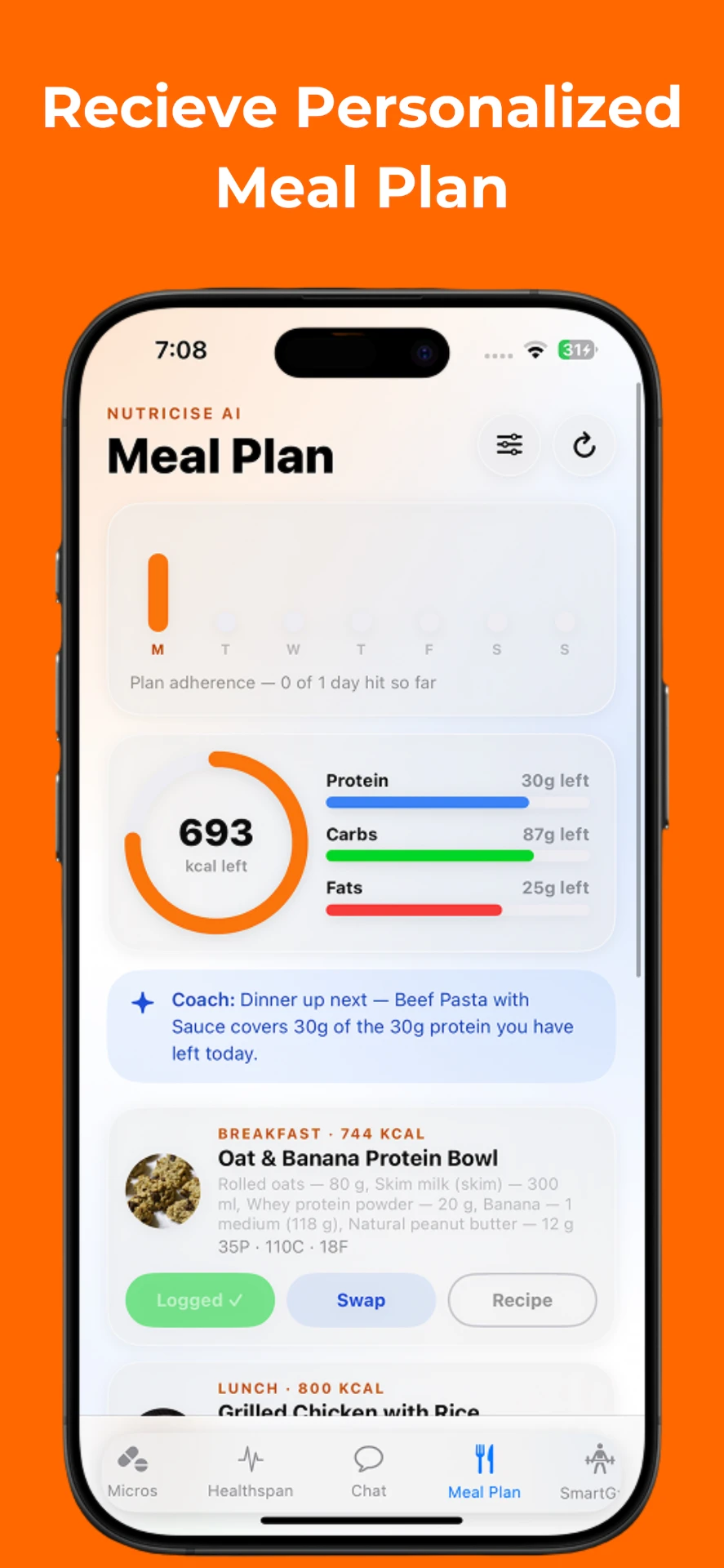 NutriCise AI meal plan with remaining calories and coach suggestion